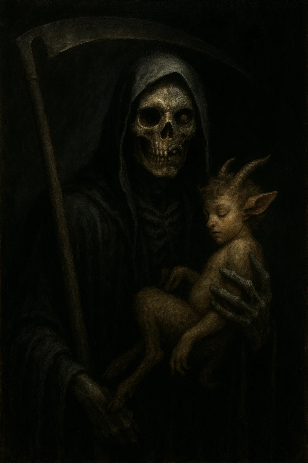 The grim reaper with a faun in his left hand, face split between skeleton and zombie, shadowy and mysterious style. emoji