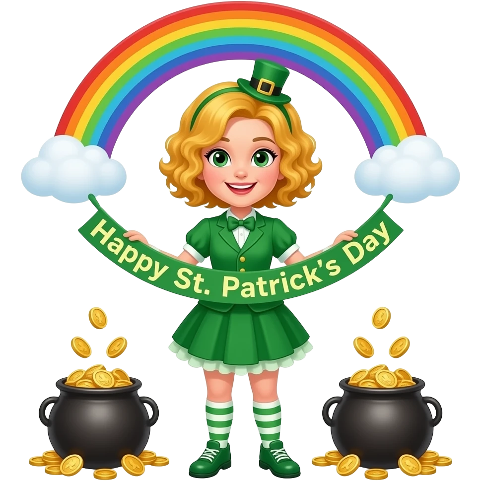 blonde tight curly hair in a short bob with Happy St. Patrick's day banner in an St. Patrick's outfit with rainbow and a pot of gold emoji