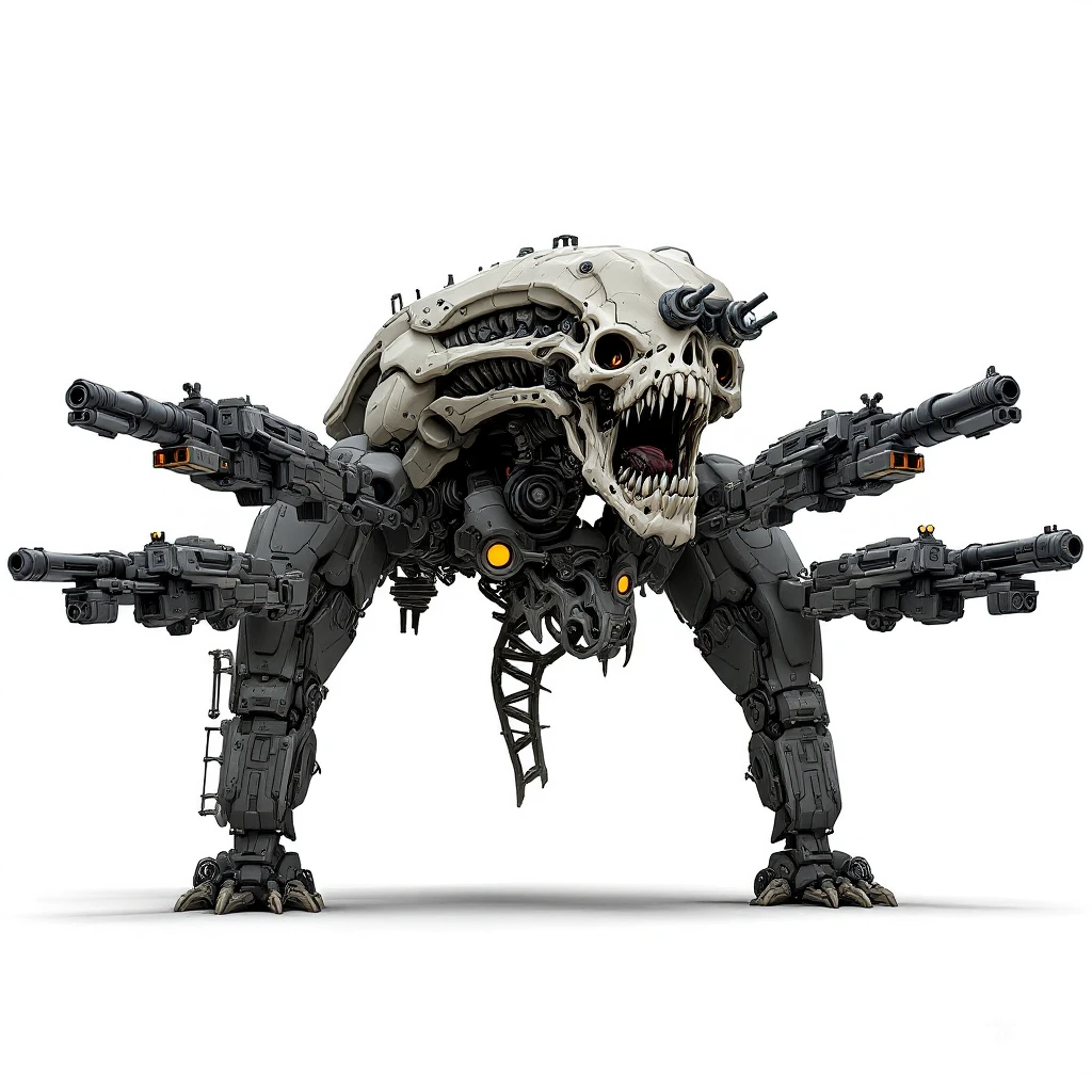 Create an intimidating sci-fi skull tank with no legs. The humanoid spine and torso attach directly to the vehicle tank chassis. It has four arms equipped with guns. Match the style and details of the attached reference images in Flux Pro style. emoji