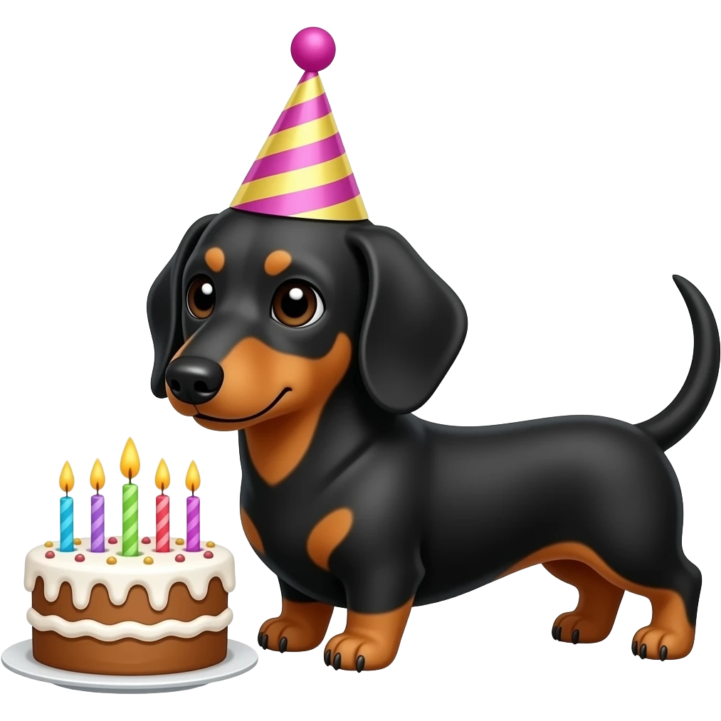 Cute black and tan dachshund wearing a party hat in front of a birthday cake emoji