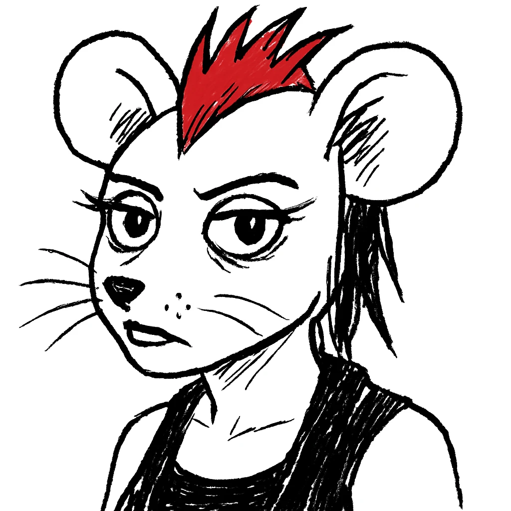 Make the nezumimi mouse girl have black fur, green eyes, more gothic and more punk style, keep the red mohawk, with no background, emoji meme style. emoji
