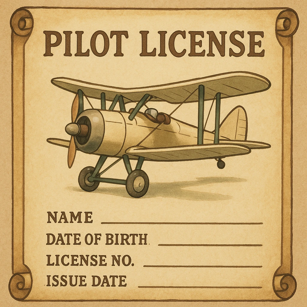vintage-style pilot license with retro airplane and scroll-like border emoji