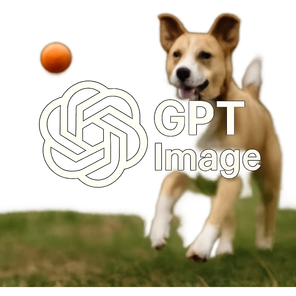  logo of chat gpt with text "GPT Image" on the background of a dog chasing ball, realistic image emoji