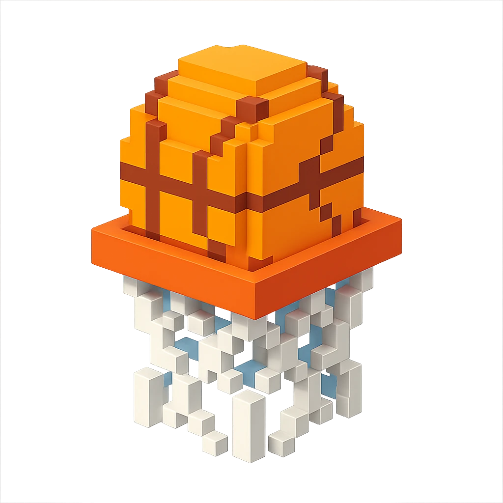 Voxel-style basketball in a net, variation 6 emoji