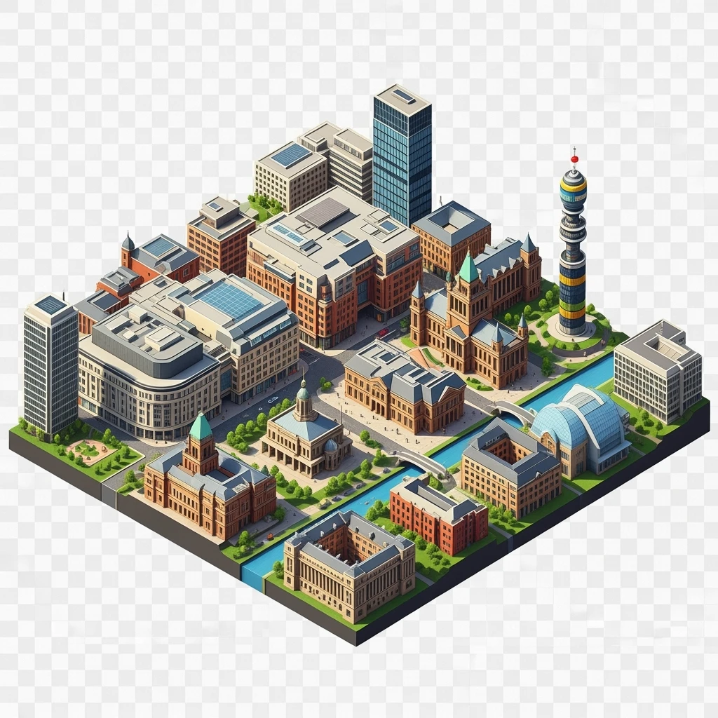 Isometric illustration-model of Birmingham with photorealistic main attractions, balanced between stylized and realistic, 3D miniature effect, transparent background. emoji