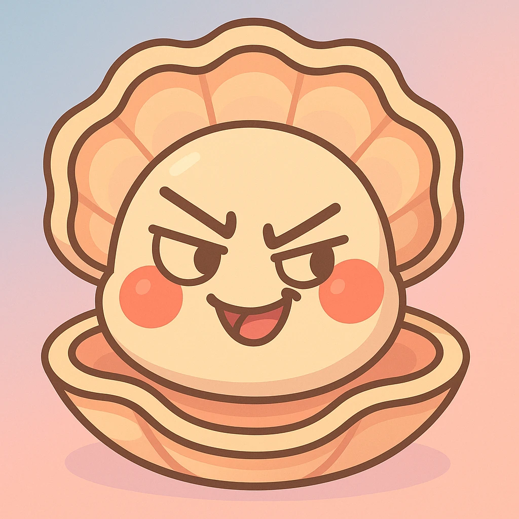 Add a soft pastel background with a gradient of light blue and pink to the cute oyster. Keep all the pastel toon details including the creamy, peach, and greige texture, the pearly and voluminous shell, the bright red cheeks, and the mischievous expression. emoji