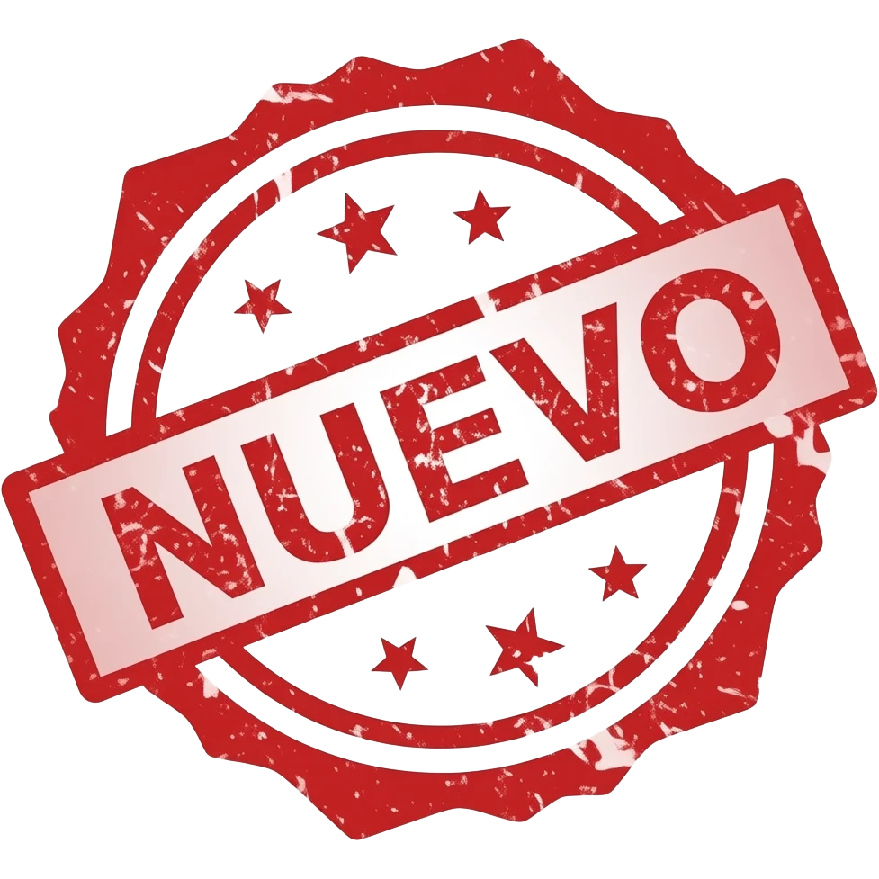 Emoji de uns estampa que diga nuevo (solamente Nuevo que sea rojo y en forma de puntas como sol en su circunferencia) emoji
