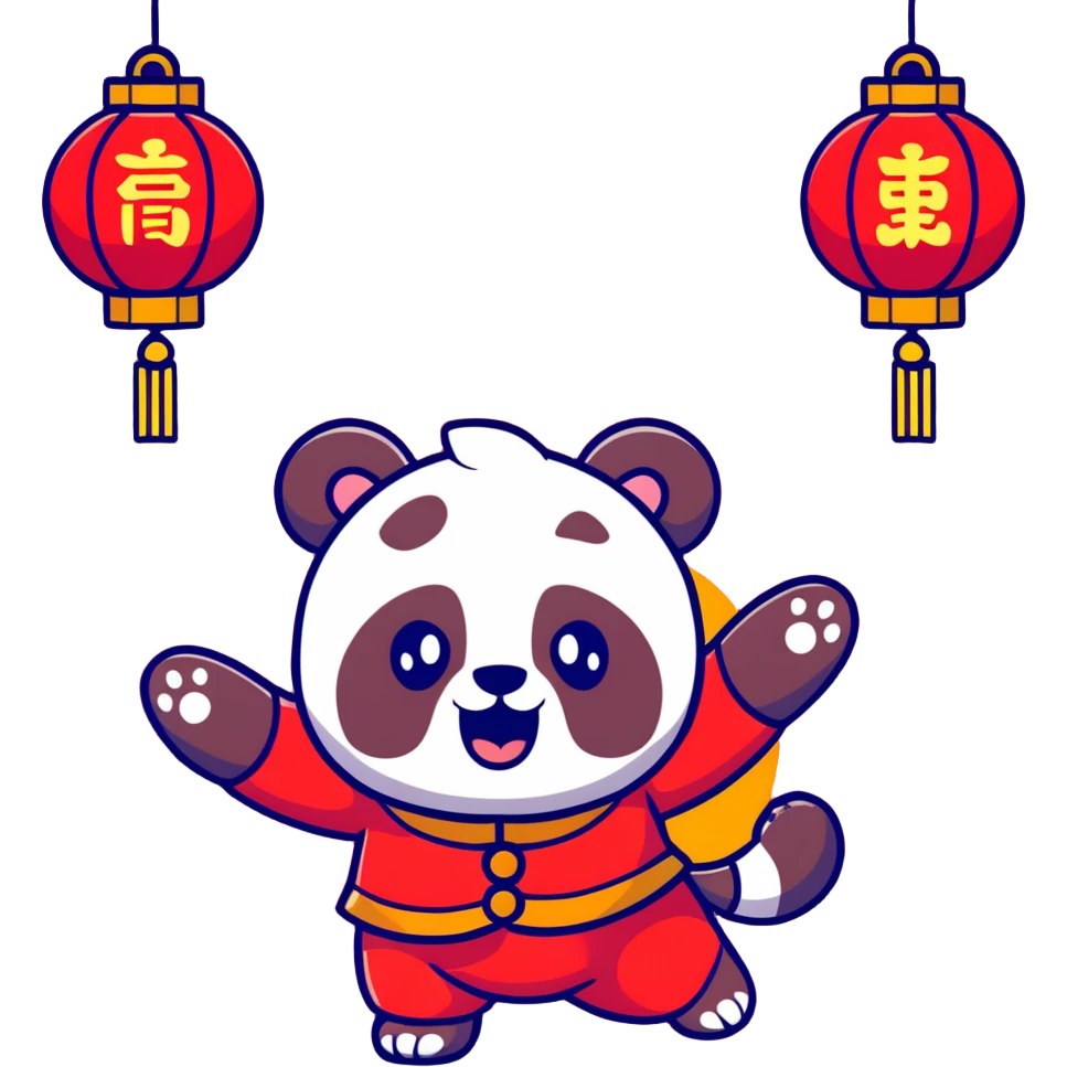 cute panda wearing red and gold Tang suit performing lion dance, head wearing red and gold lion head, both hands holding lion head jumping, background with golden firecrackers, lanterns and auspicious clouds, main color bright red with gold details, rich New Year atmosphere, cartoon sticker style emoji