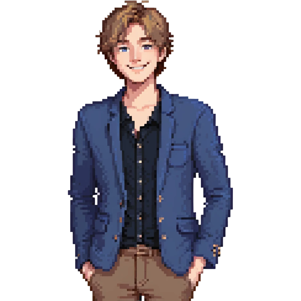 Flat pixel are, lively and clever male debater, fair skin, short messy light brown hair, sharp eyes with a mischievous smile, wearing indigo blazer over a casual t-shirt, one hand raised mid-gesture, waist-up, front-facing emoji