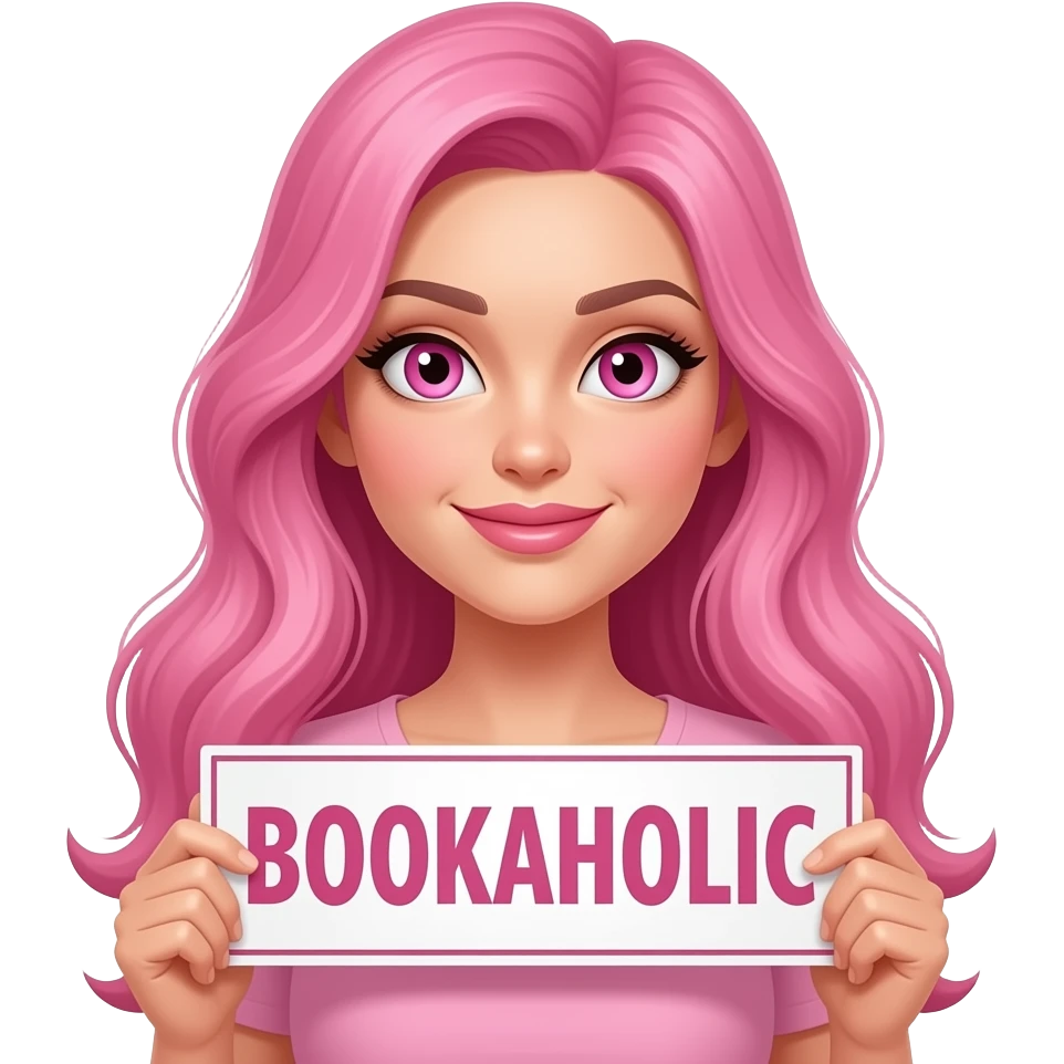 sexy girl with long pink hair and pink eyes  holding a BOOKAHOLIC sign emoji