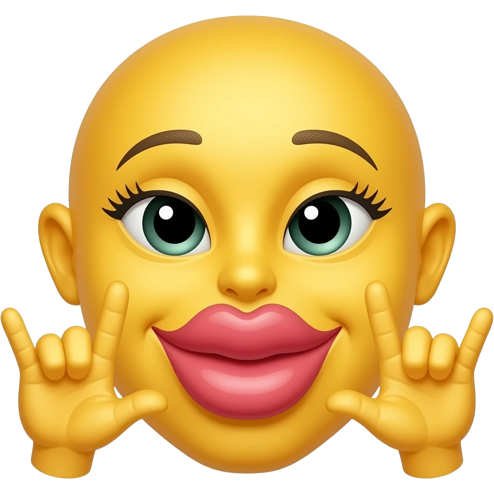 Yellow Emoji face with extra big kissy lips, lashes and throwing up gang sign emoji
