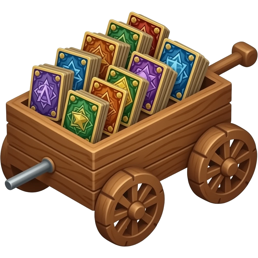 🛒 A finely detailed wooden cart filled with miniature arcane cards emoji