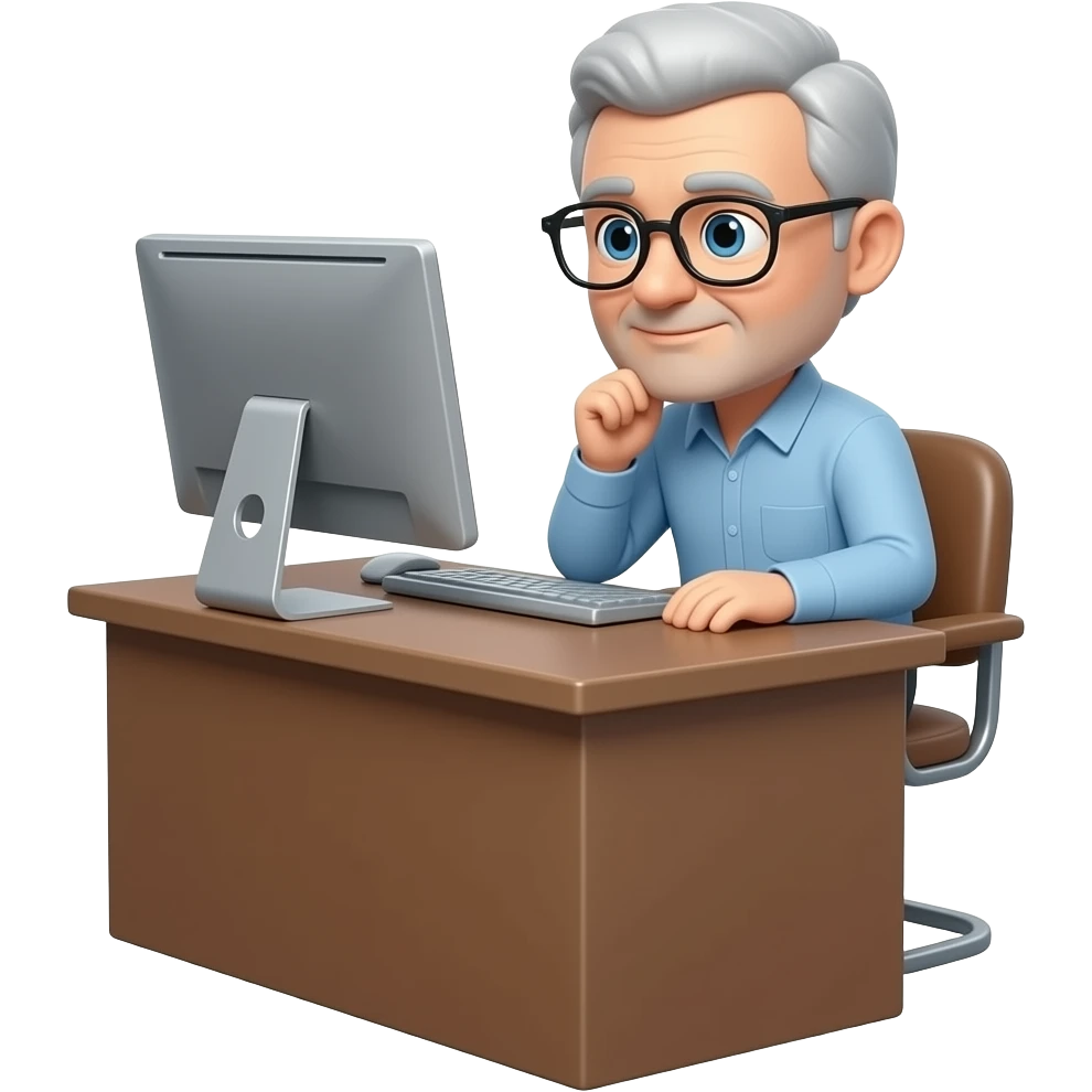 A 65-year-old man who is always thinking and working on the computer; he wears glasses and has very short hair emoji