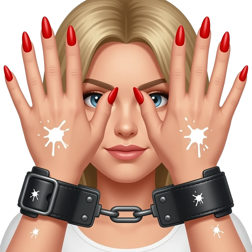 Sexy Woman’s clenched hands with long red nails behind back in black leather hand cuffs splattered in a lot ofwhite paint close-up emoji