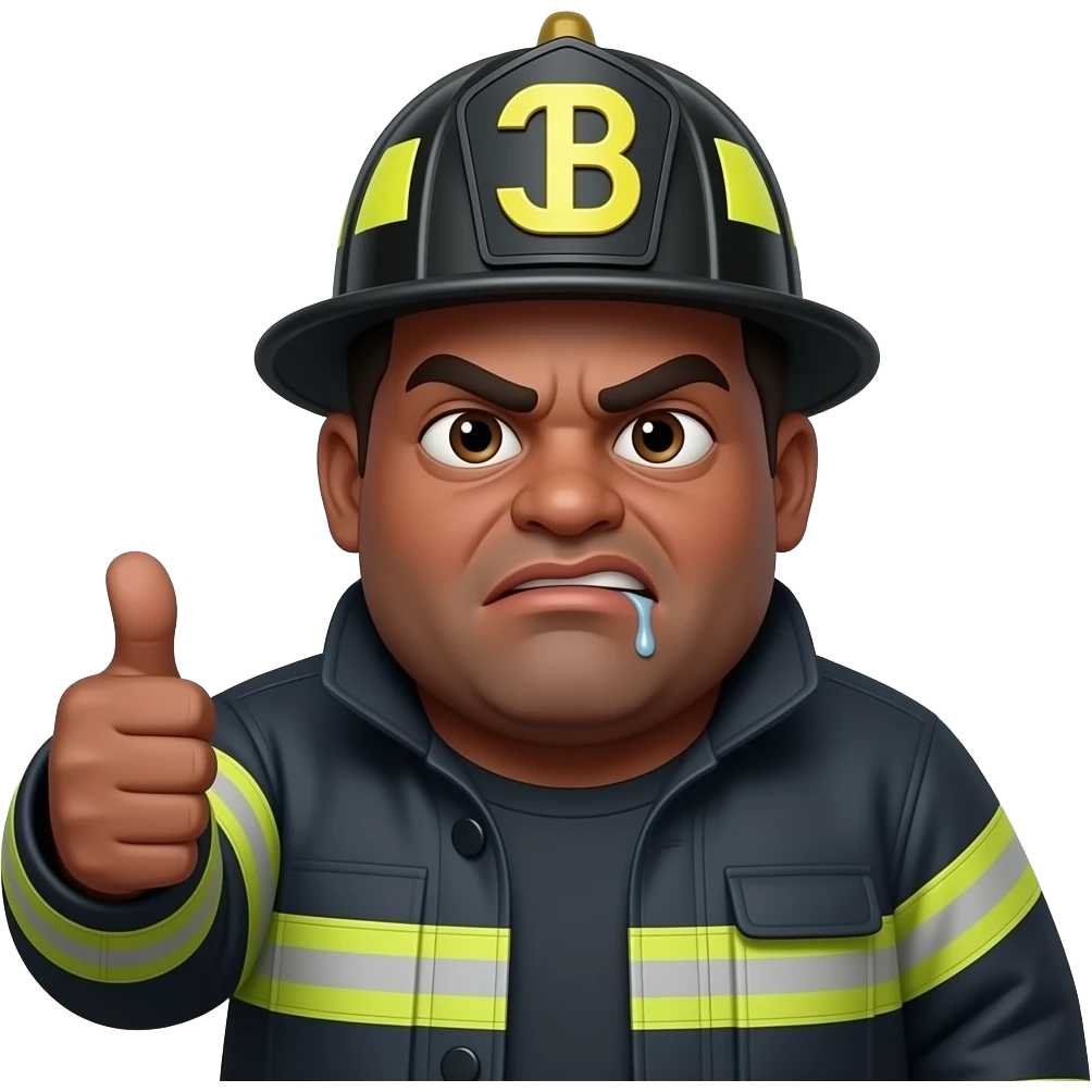 Confused looking person, weird proportions, extra obese, drooling, squinting, dark complexion, fireman hat, Unreal Engine 5, thumbs up emoji