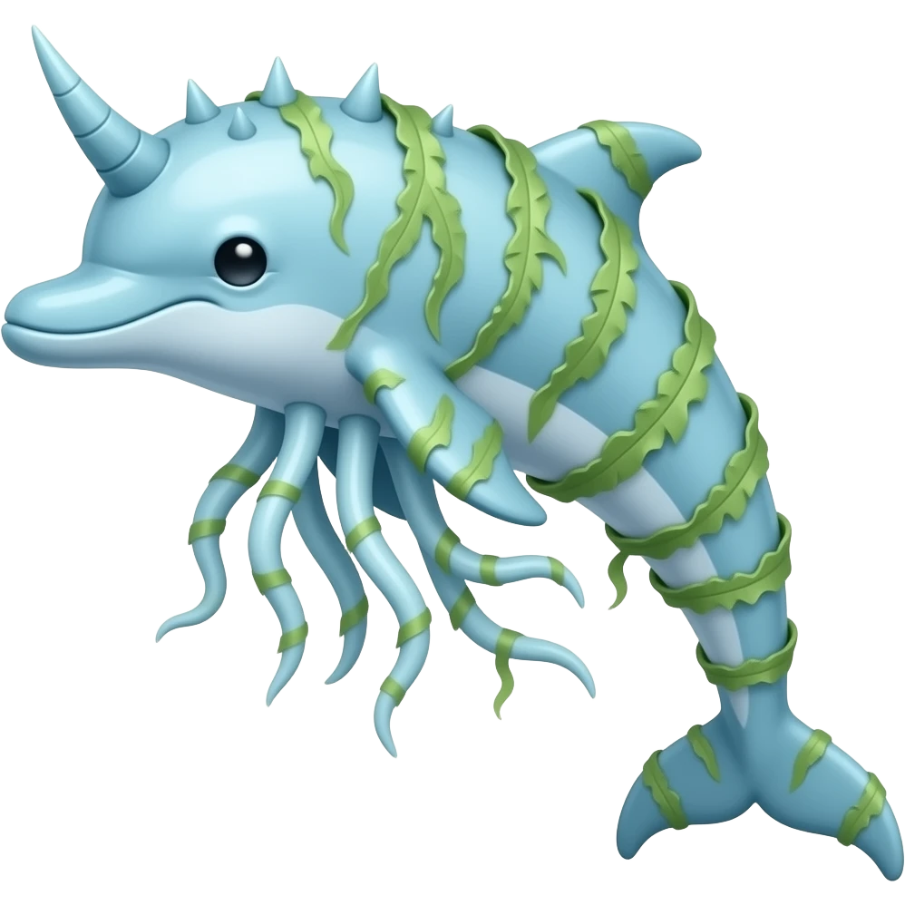 Kelphin A graceful light blue dolphin creature covered in ribbon-like seaweed with spikes and a horn. Pitch black eyes, spikes and tentacles. emoji