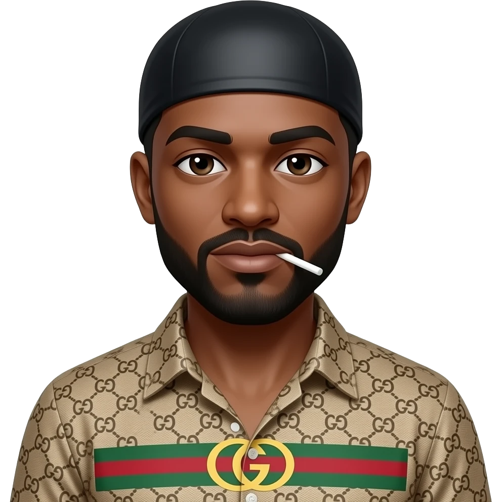Black man wearing silky black durag Gucci shirt joint Weed in his mouth emoji