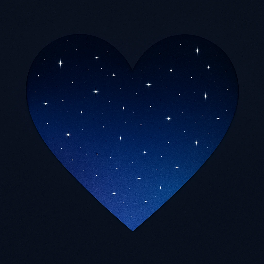 a heart with a night sky gradient and tiny stars scattered, midnight theme emoji