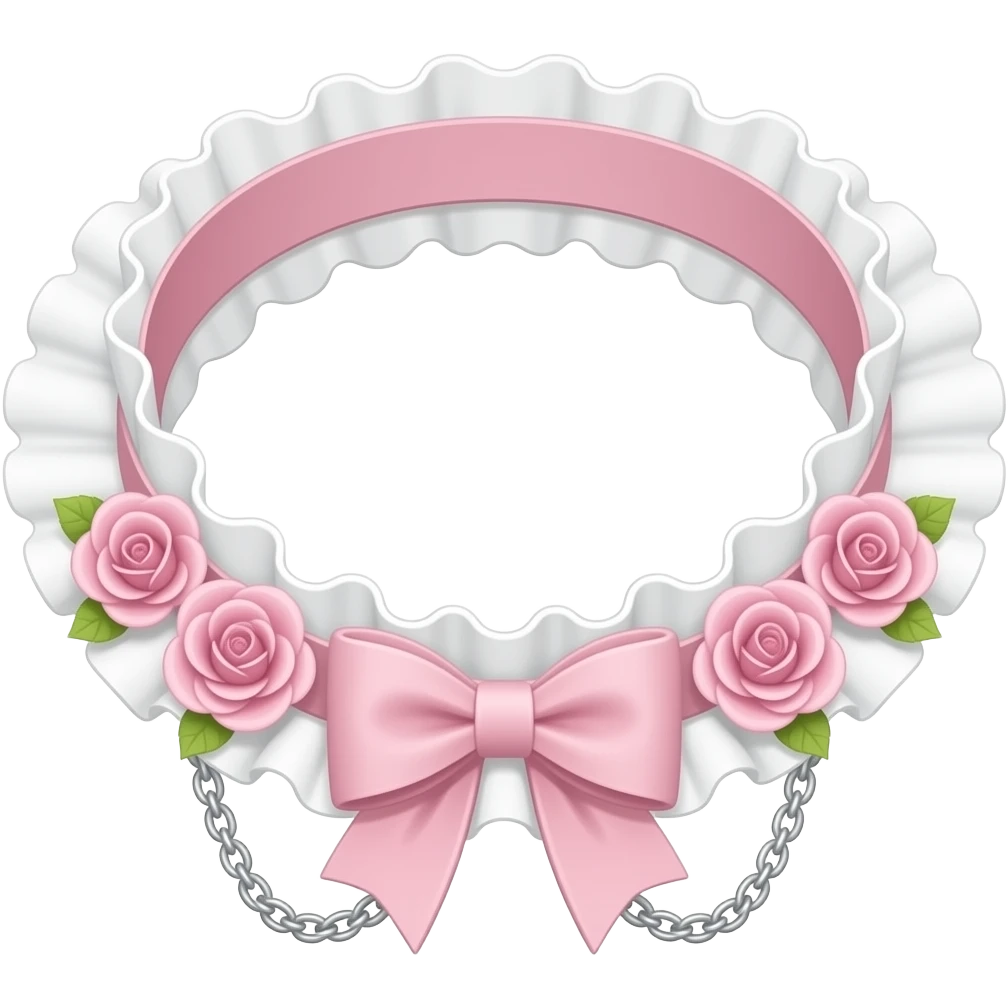 Pastel-baby-rose-pink Lolita-styled aesthetic cute kawaii choker-collar-necklace adorned with with white frills, roses, bow tie, silver chains, sakura, apparel separated emoji