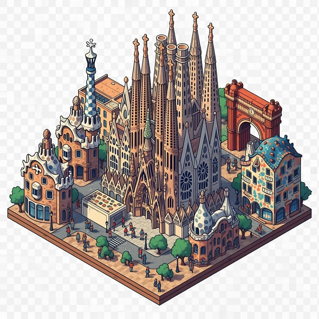 Isometric illustration of Barcelona, featuring Sagrada Familia with intricate spires, highly detailed in semi-realistic style with sharp outlines, balanced between stylized and realistic, 3D miniature effect, transparent background. emoji