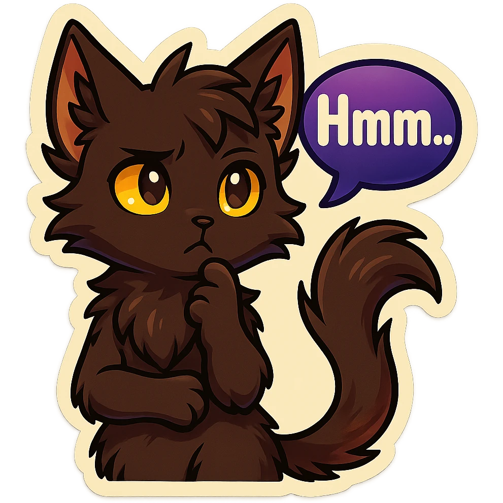 a dark-brown fluffy cute kawaii anthropomorphic furry anime cat-furry with tufted ears, golden eyes, and a long thin tufted tail, thinking, frowning thoughtfully, saying “Hmm..” with a purple speech bubble, (cartoon style) (cute anime style) (furry style) (deviantArt style) (artist style: Kamirah) emoji