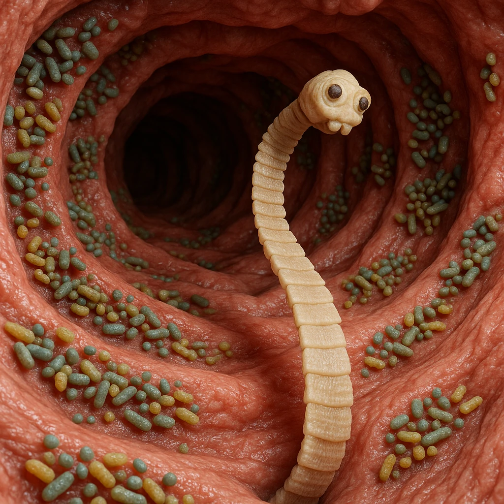 a medical illustration of a human realistic gut with bacteria and parasyte (tenia) realistic 4k real   emoji