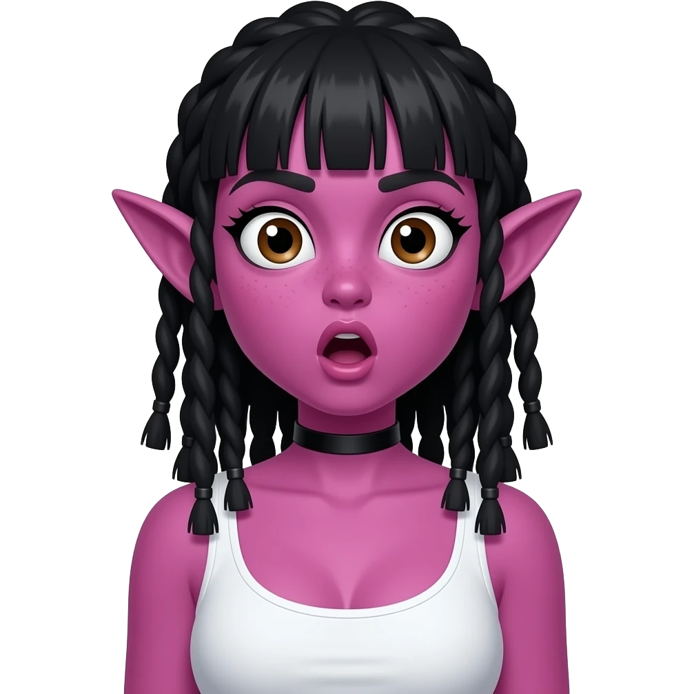 놀란 동공. 커다란 눈. 하얀 동공에 갈색렌즈. 살색의 뾰족하고 커다란 귀. 진한  보라빛 핑크색 밝은 스킨. 붉은 홍조. 이마 주름은 없고 입은 O모양. 앞머리있는 검정 긴생머리.드레드헤어. 흰색 나시를 입고 큰 가슴. 목에는 검정색 얇은 띠의 초커. emoji
