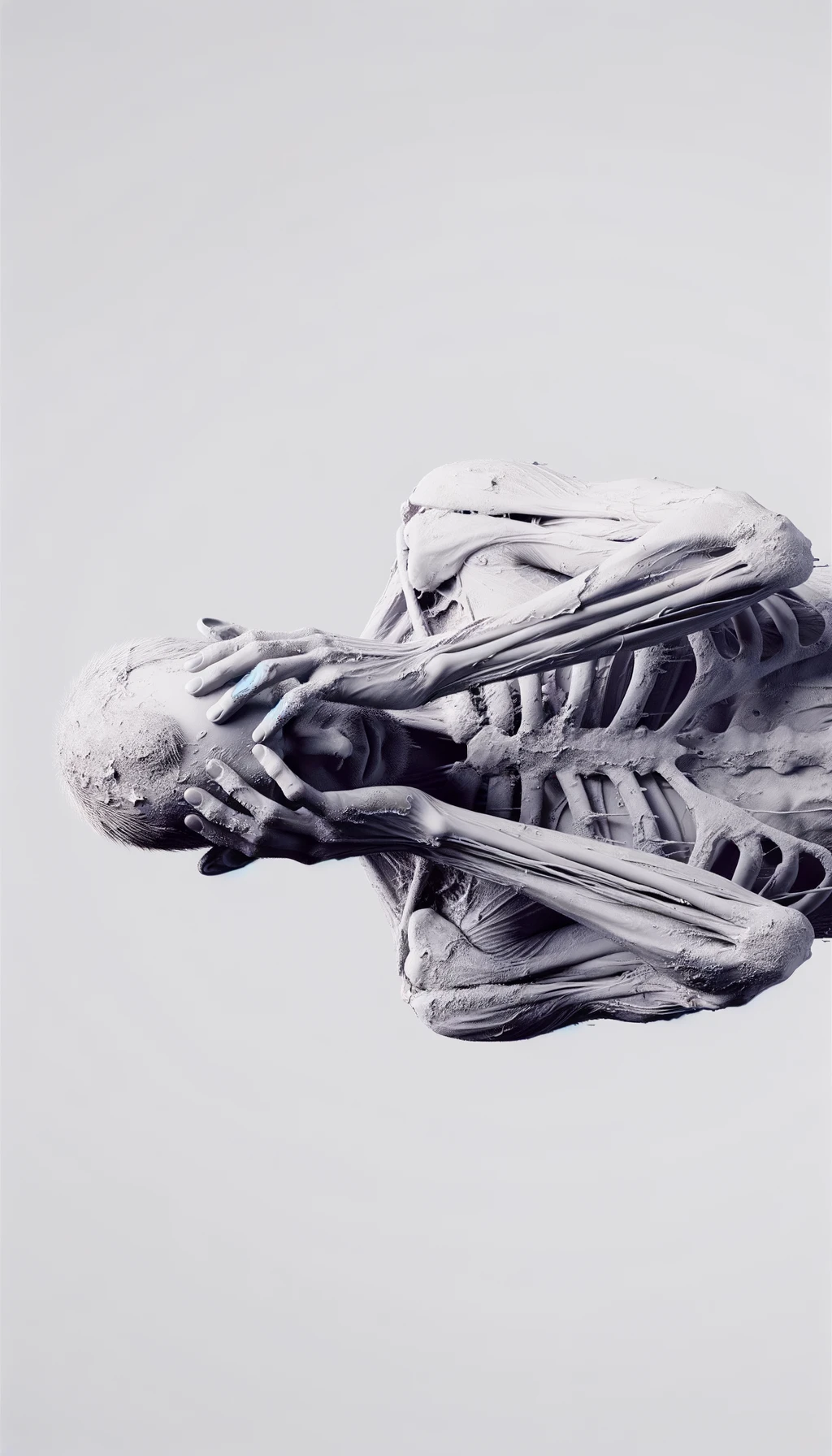 CORPO UMANO ANATOMICO REALISTICO DISPERATO, SI TIENE LE MANI SULLA FRONTE E NON SA COSA FARE, SUDATO, IPERREALISTICO 4K, SFONDO BIANCO emoji