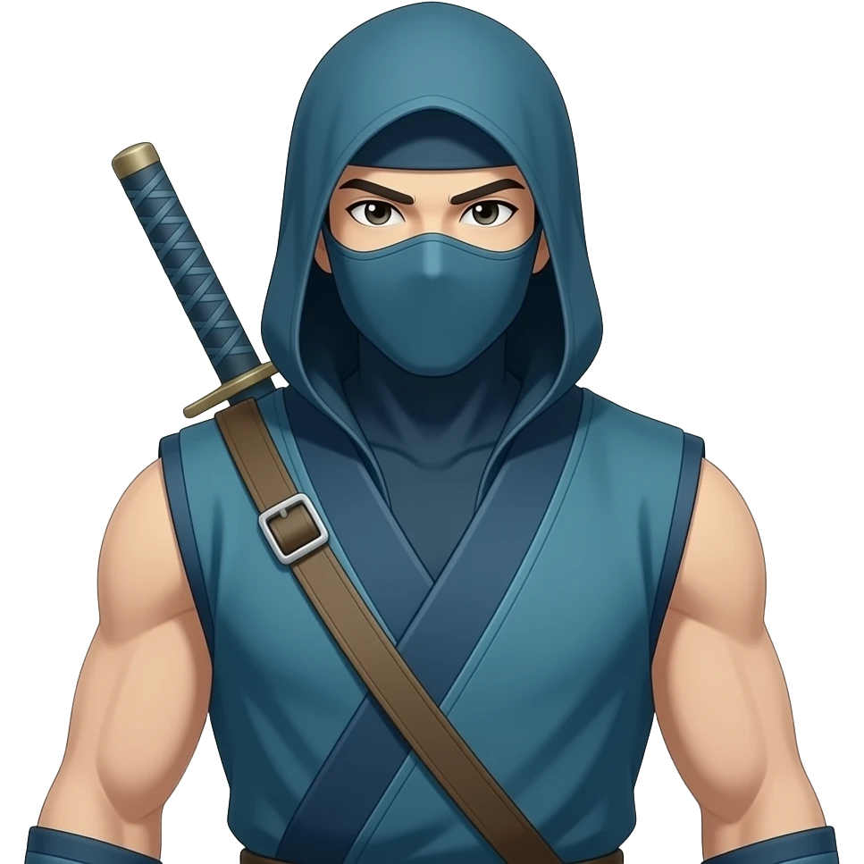Anime Ninja all dark cyan with hood sleeveless cyan masks very tall full body emoji