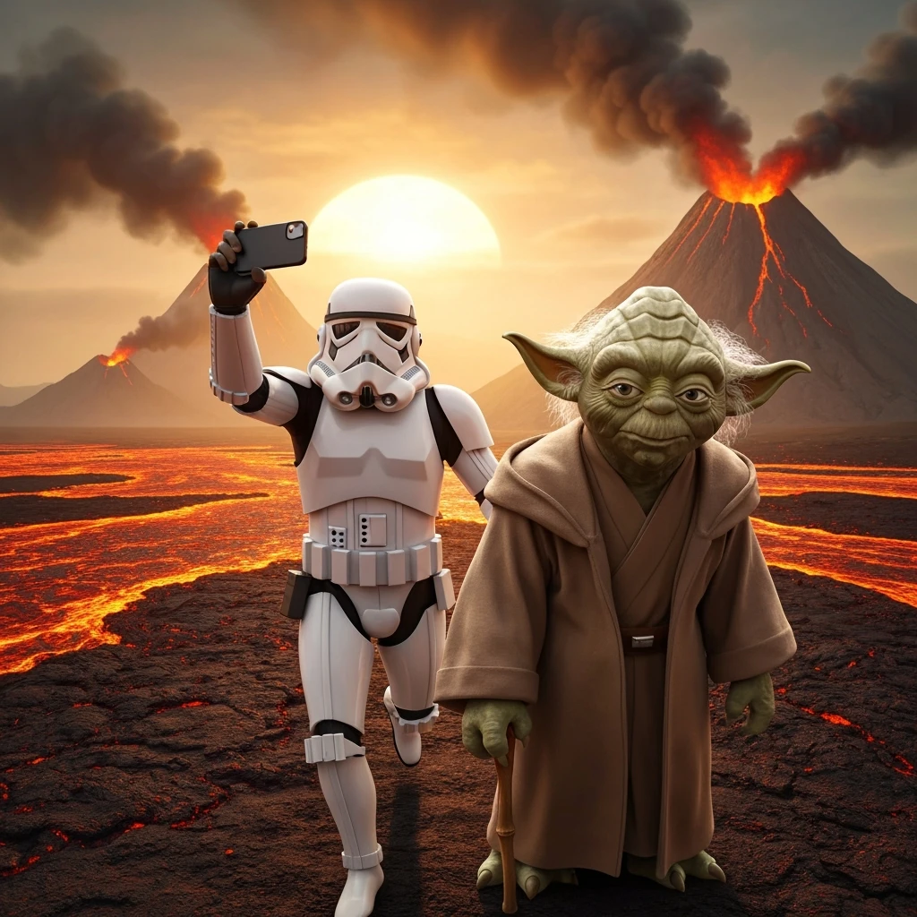 Camera POV, Starwars stormtroopers vlogging selfie, he is walking on lava planet with yoda emoji