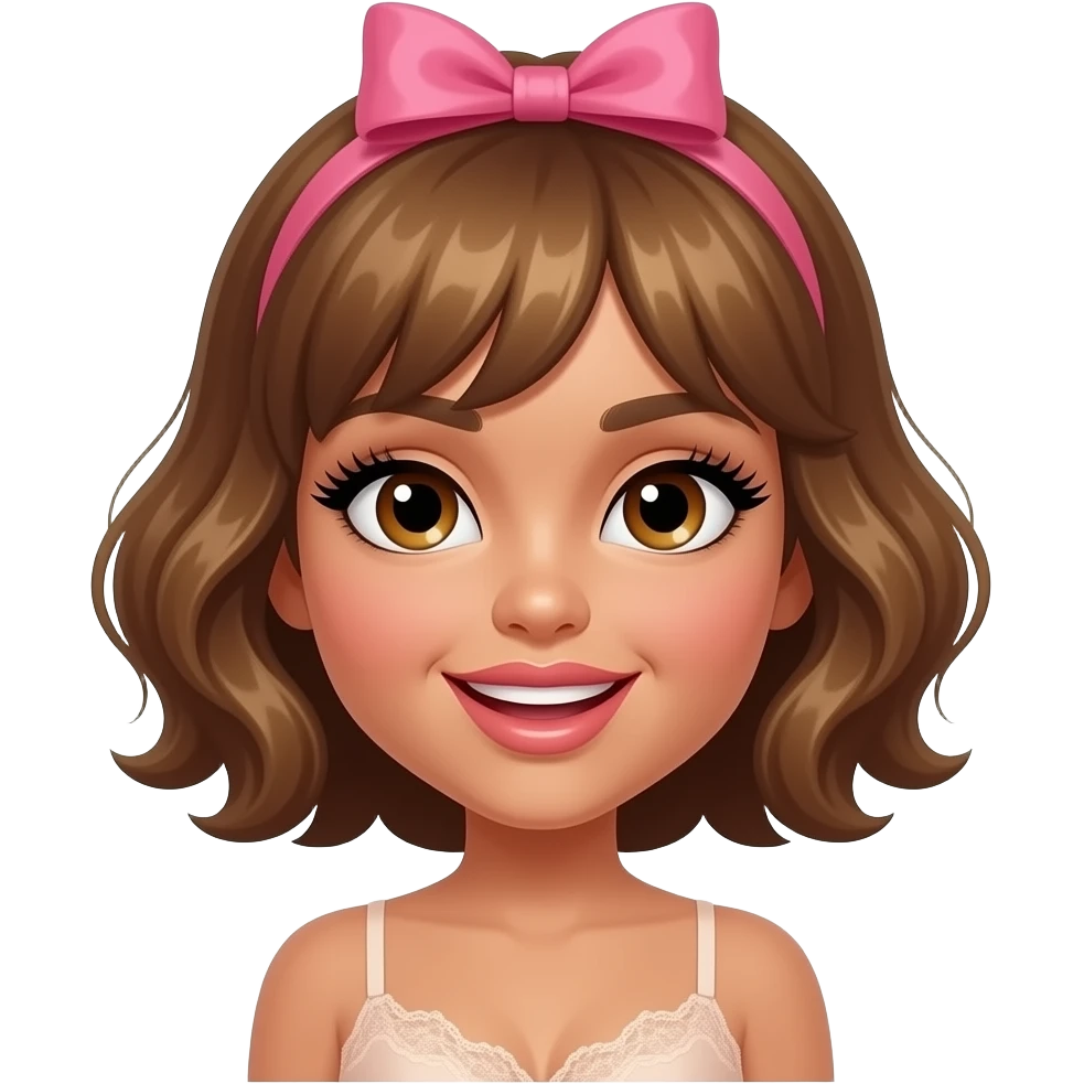 glamours,-tanned,-very-beautiful-woman-with-big-plump-rose-beige-lips,-long-lashes,-honey-silky-very short- hair,-wavy-hair,-with pink bow in hair -hazel-eyes-wearing-nude-lace-lingerie-nude-stilettos,-throwing-up- emoji