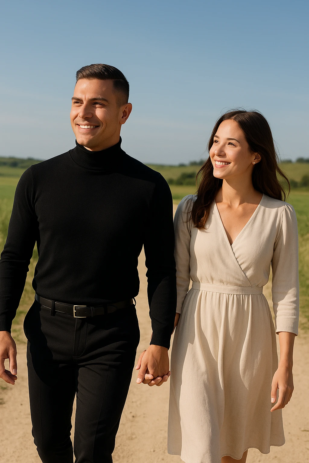 a couple walks together along a path, the man gently leading the way while the woman follows with trust and a smile. Both appear confident and content, symbolizing partnership and mutual respect. The background is a bright, open landscape, evoking a sense of shared journey and harmony. emoji