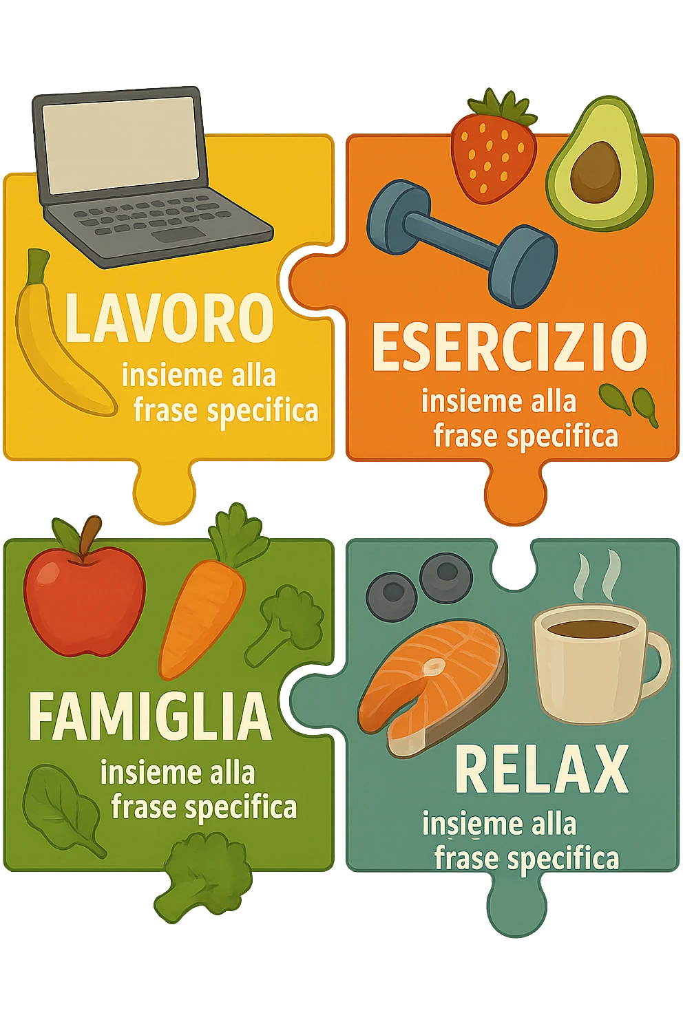Puzzle (Lavoro, Esercizio, Famiglia, Relax), and healthy foods are integrated into each piece. in italiano emoji