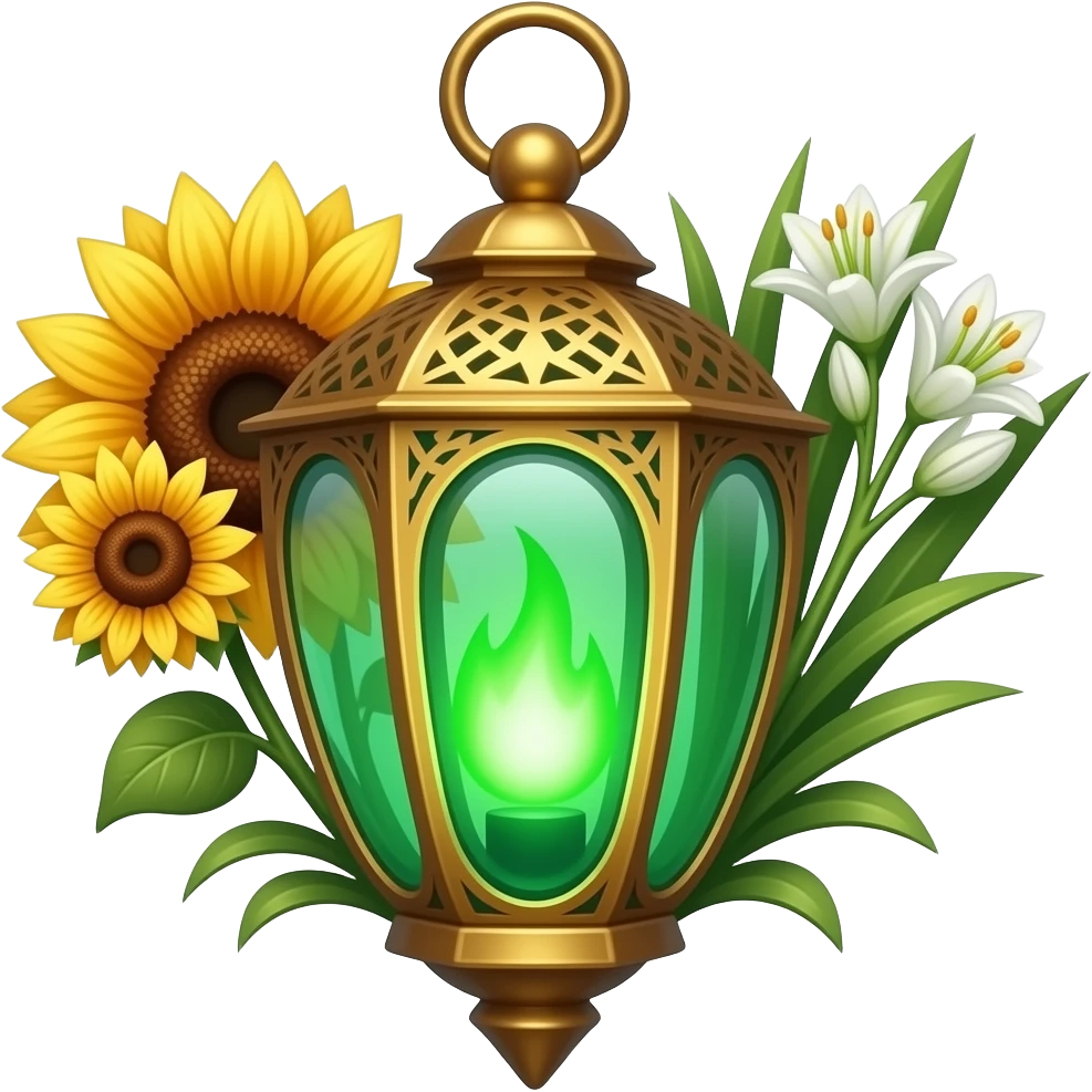 A golden hanging lantern with a bright emerald green flames, an empty loop on top, fae filigree themed sunflowers on the left and asphodels on the right as part of the design, but simple focus more on the green flames, paint the glass more green, have its bottom point come to some sort of point emoji