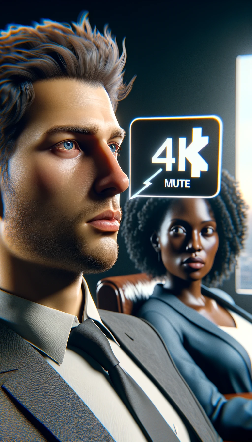 una persona parla ma sopra di lui c'è il simbolo "muto, un altra persona lo ascolta, immagine iperrealistica 4k emoji