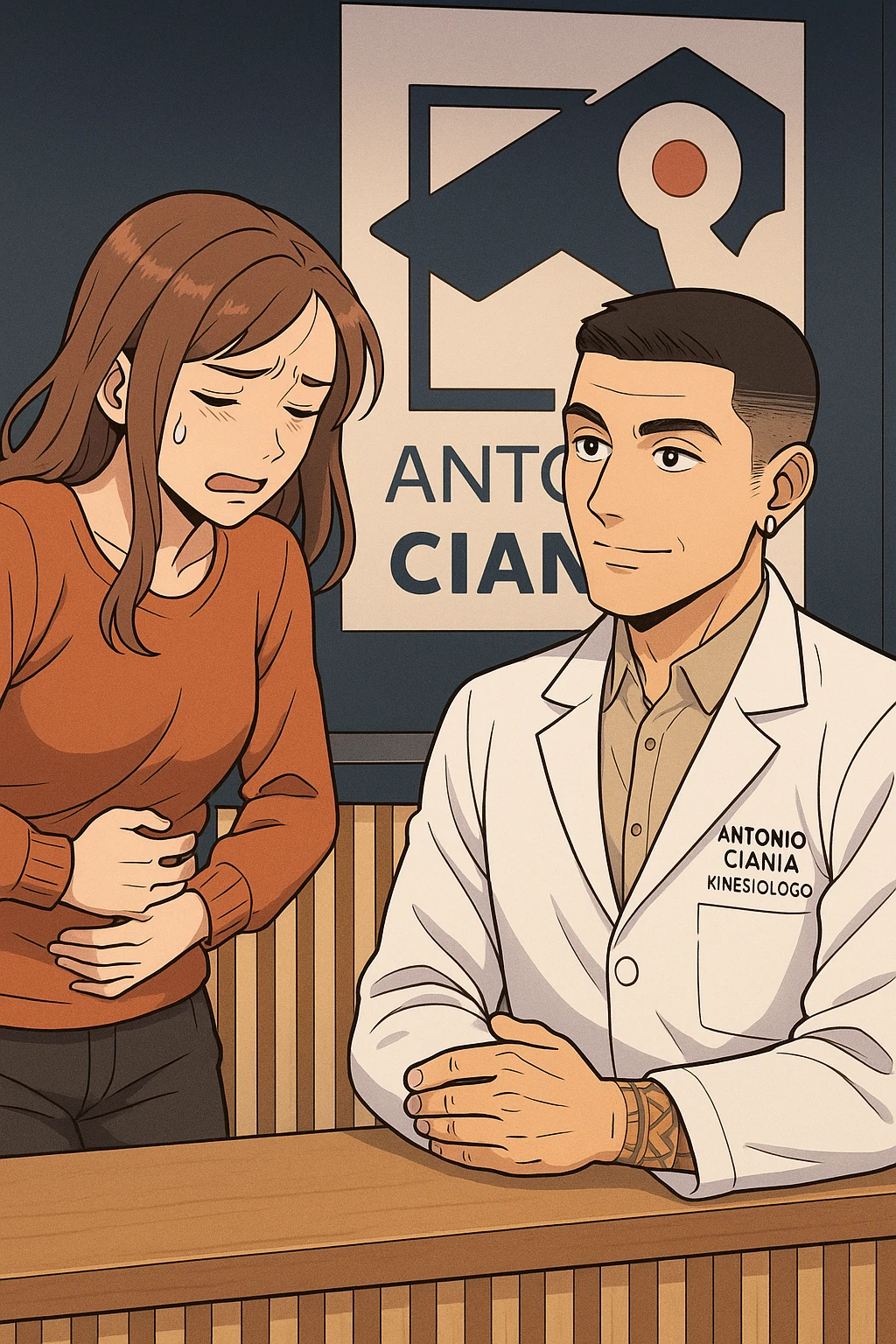 su questo stile fai un manga/webtoon a colori in cui una donna si lamenta che sta male e ha mal di pancia, l'uomo della foto in stile manga gli risponde, mantieni un ambiente simile alla foto che ho allegato con il suo logo (sarebbe il suo studio, lui è un kinesiologo), non mettere fumetti, ma fai in modo che sembri che la donna chiede una cosa e l'uomo risponde alla sua domanda emoji