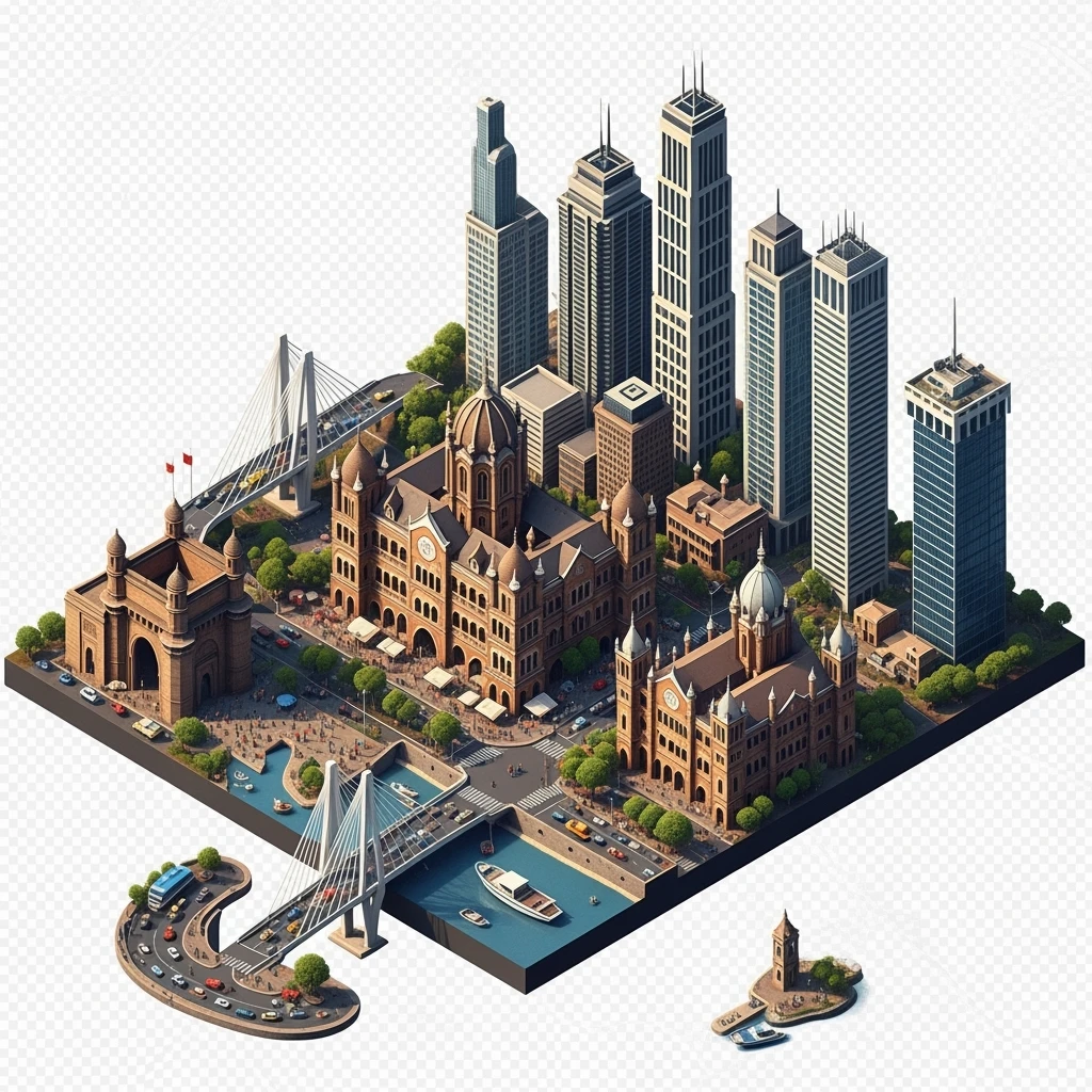 Isometric miniature of Mumbai city, featuring iconic landmarks like Gateway of India, Bandra-Worli Sea Link, Chhatrapati Shivaji Terminus, and skyscrapers, 3D miniature effect and Tilt Shift effect, no cartoonish look, transparent background. emoji