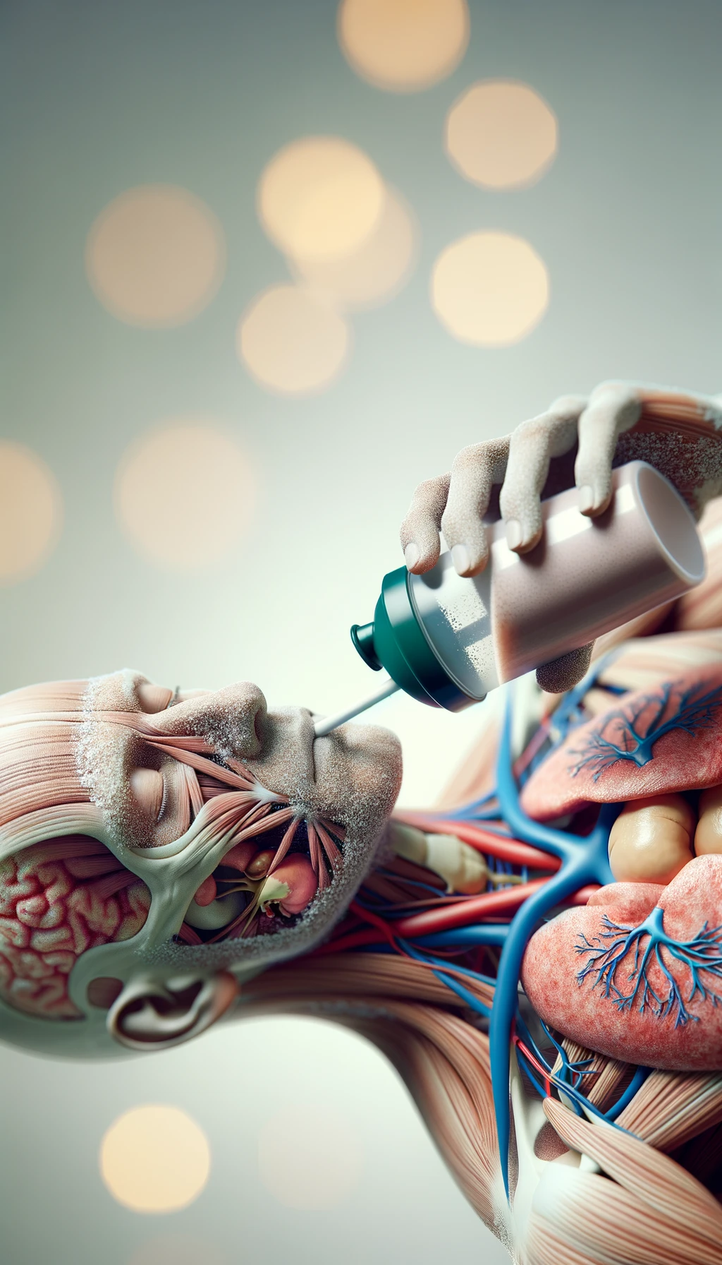 CORPO UMANO ANATOMICO CON OCCHI CHIUSI MENTRE BEVE UNO SHAKER PROTEICO, ORGANI IN EVIDENZA, IPERREALISTICO SFONDO CHIARO NEUTRO CON PALESTRA SFOCATA SULLO SFONDO emoji