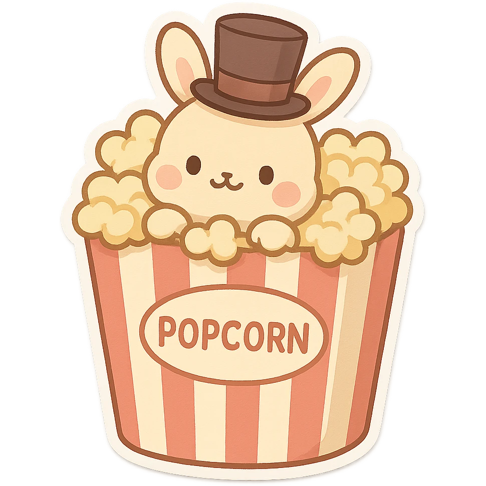 whimsical and cute popcorn container with a bunny inside, the bunny is wearing a top hat emoji