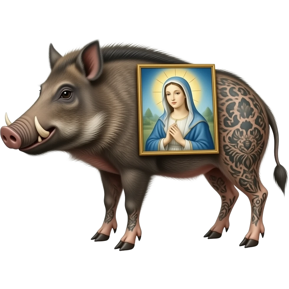 cinematic surrealistic - a tattooed boar with very thin long legs from a painting by Salvador Dali carries the ethereal artist Madonna on its back emoji