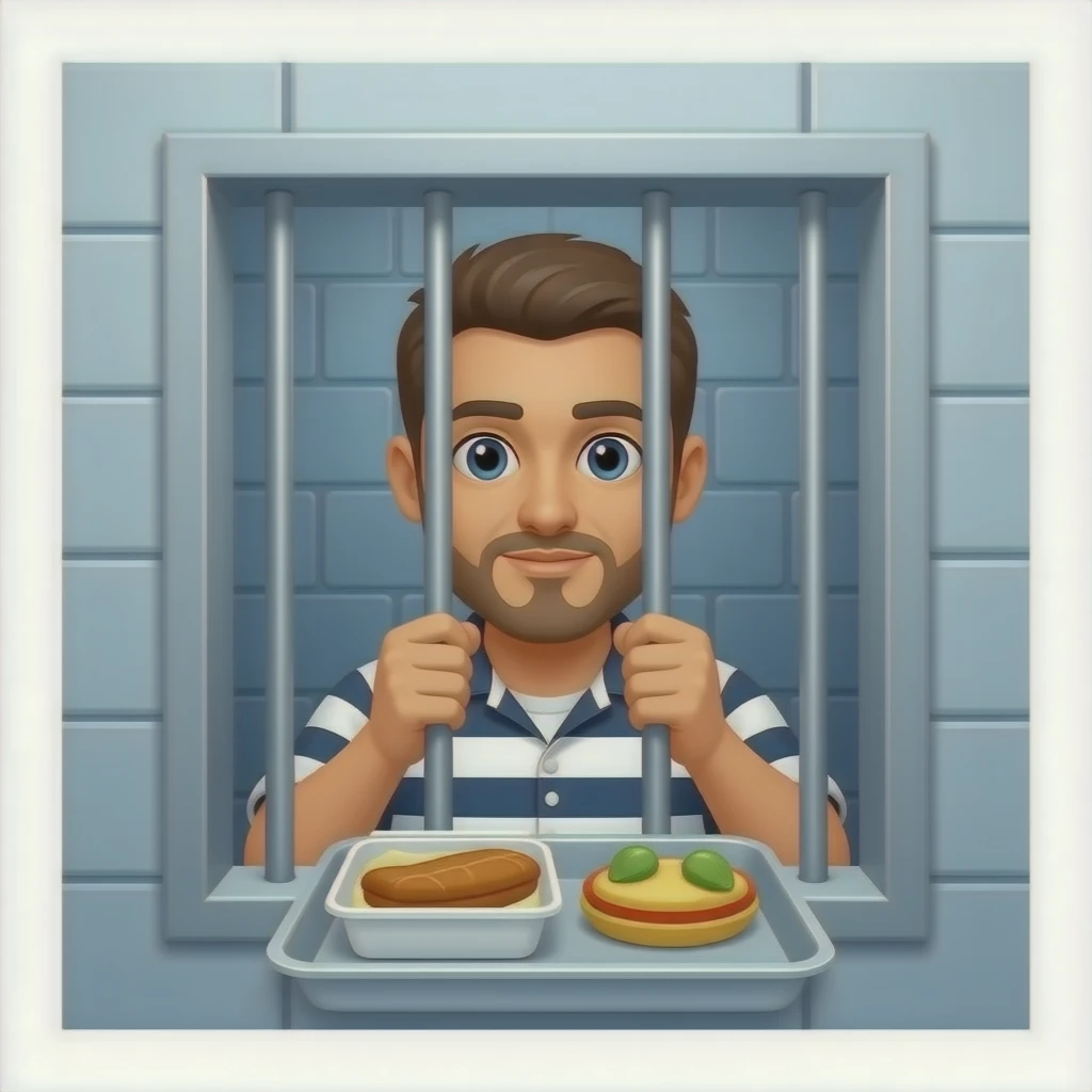 A TRANSPARENT BACKGOUND PICTURE OF A JAIL   WITH A PERSON LOOKING THROUGH SMALL BARS AND A FOOD HOLDER TRAY ON THE FRONT BARS emoji