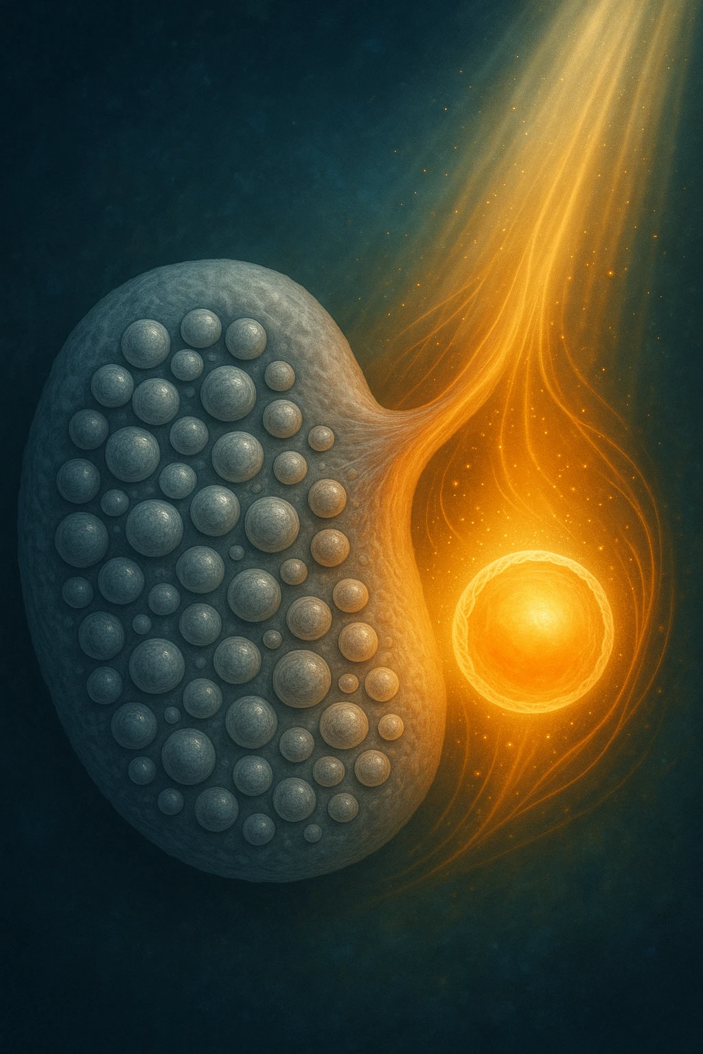 Scientific visualization of a polycystic ovary transforming. The ovary, initially filled with many small, dormant follicles like a cluster of grey pearls, begins to be nurtured. A focused, gentle light and nutrient-rich energy encourage one dominant follicle to mature and glow with a healthy, golden light, symbolizing successful preparation. emoji