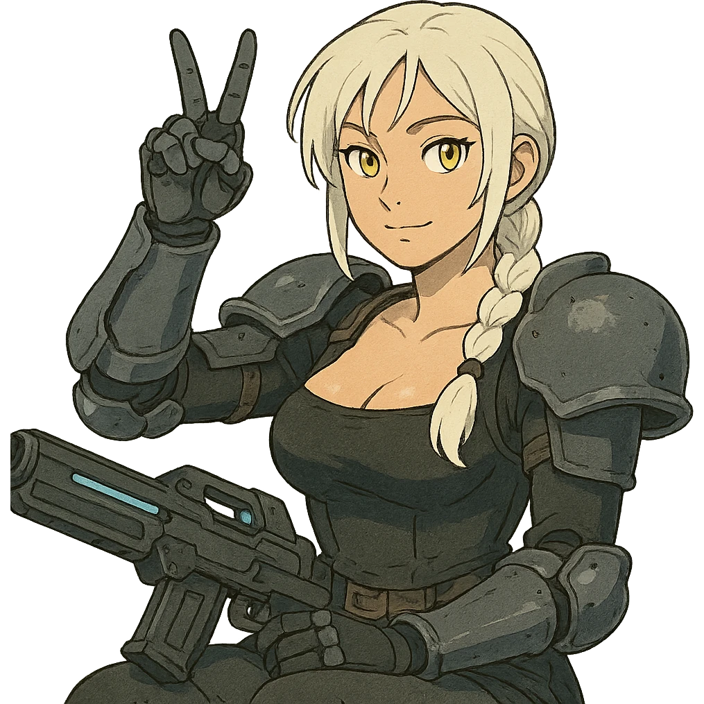  she is wearing armor, doing live-fire exercises at a safe and sanctioned training firing range with a maximum power blaster, except instead she's giving a victory salute, a closeup portrait of young woman with gold yellow eyes, white hair, long braid, black off-shoulder top d-cup, punk gothic style, futuristic cyberwave cyberpunk, sitting position
 emoji