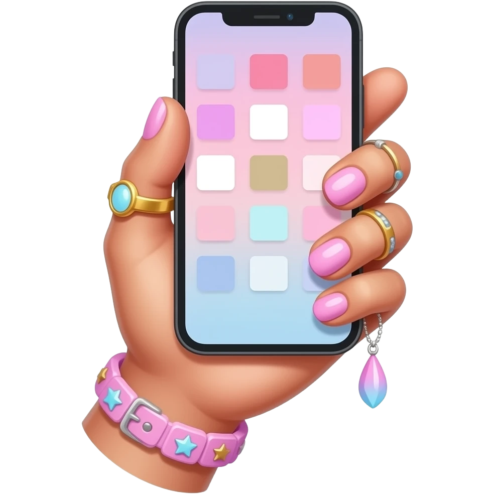 cute girls hand with pastel and pink modern y2k nails, rings, and accessories. holding iphone with screen upwards emoji