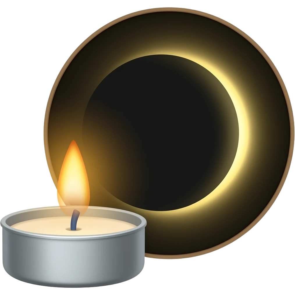 Fantasy illustration of a lit candle in a small holder beside a dark or eclipsed moon disk, warm flame glow contrasting with dark sphere, painterly shading, vintage palette, transparent background, square, no text. emoji