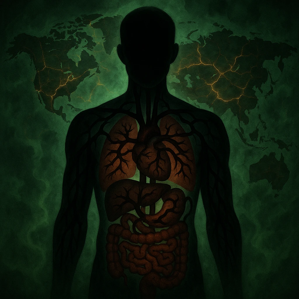 semi-realistic, high contrast, allegorical; human silhouette with visible organs, dark worm-like forms radiate into every organ, world map background, glowing cracks, sickly green mist, medical-fantasy atmosphere emoji