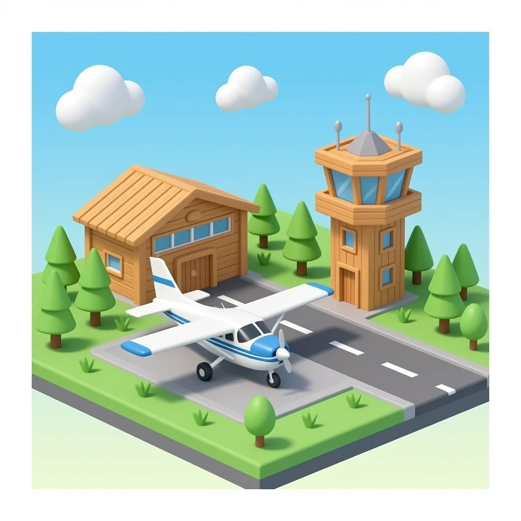 small 3D airport provincial wooden terminal with Cessna plane and small wooden ATC tower with no background emoji