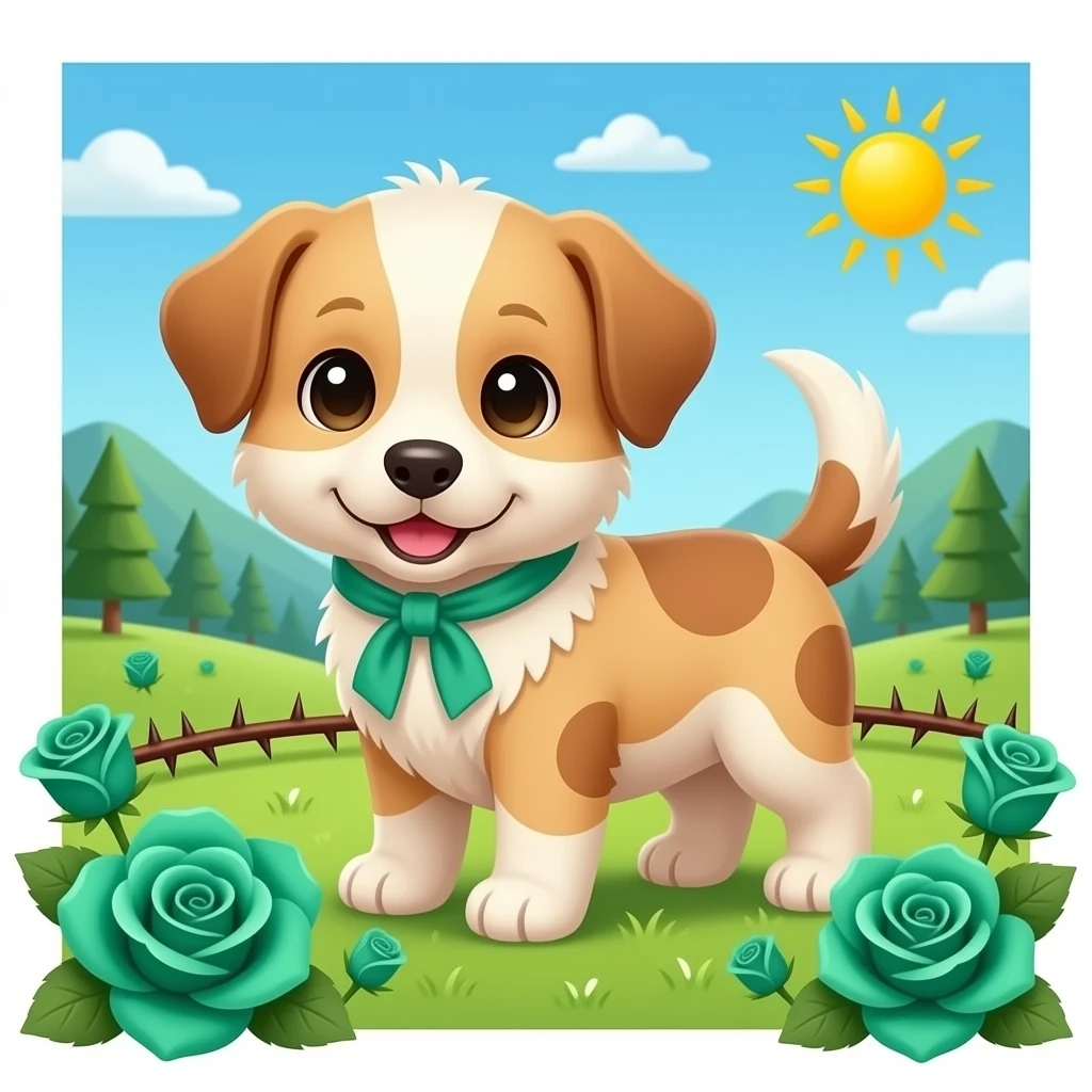 Cute Puppies with emerald green roses and valley of thorns emoji