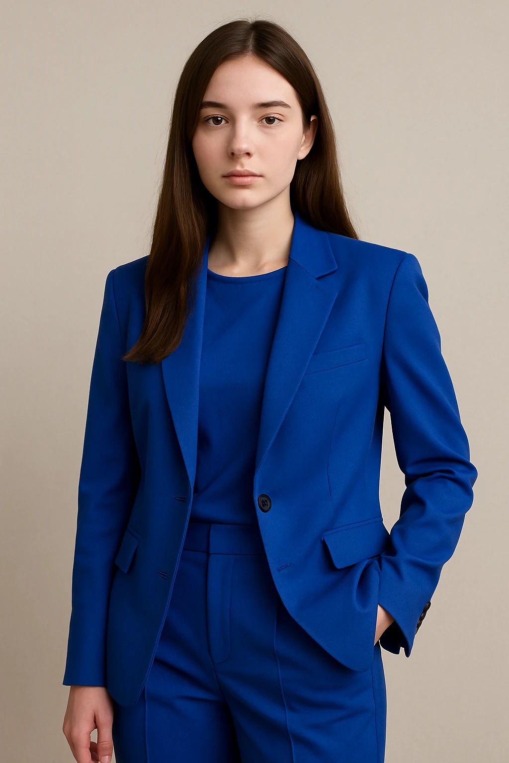 girl wearing a cobalt blue suit, brown hair, neutral background emoji