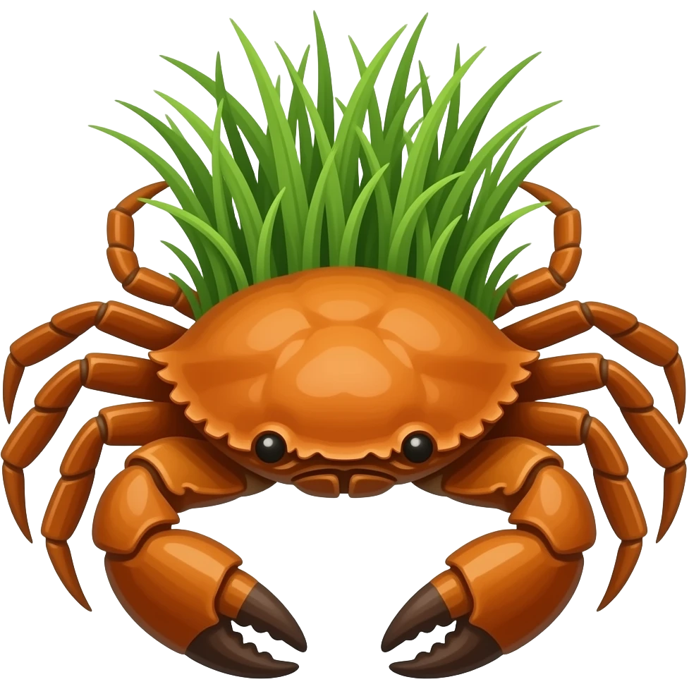 A Brown crab with a  grass on its back facing forward emoji